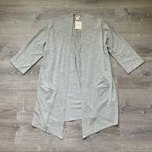 ANTHRO DONNI Grey White Ribbed Pinstripe Open Front Sandwash Cardigan NWT